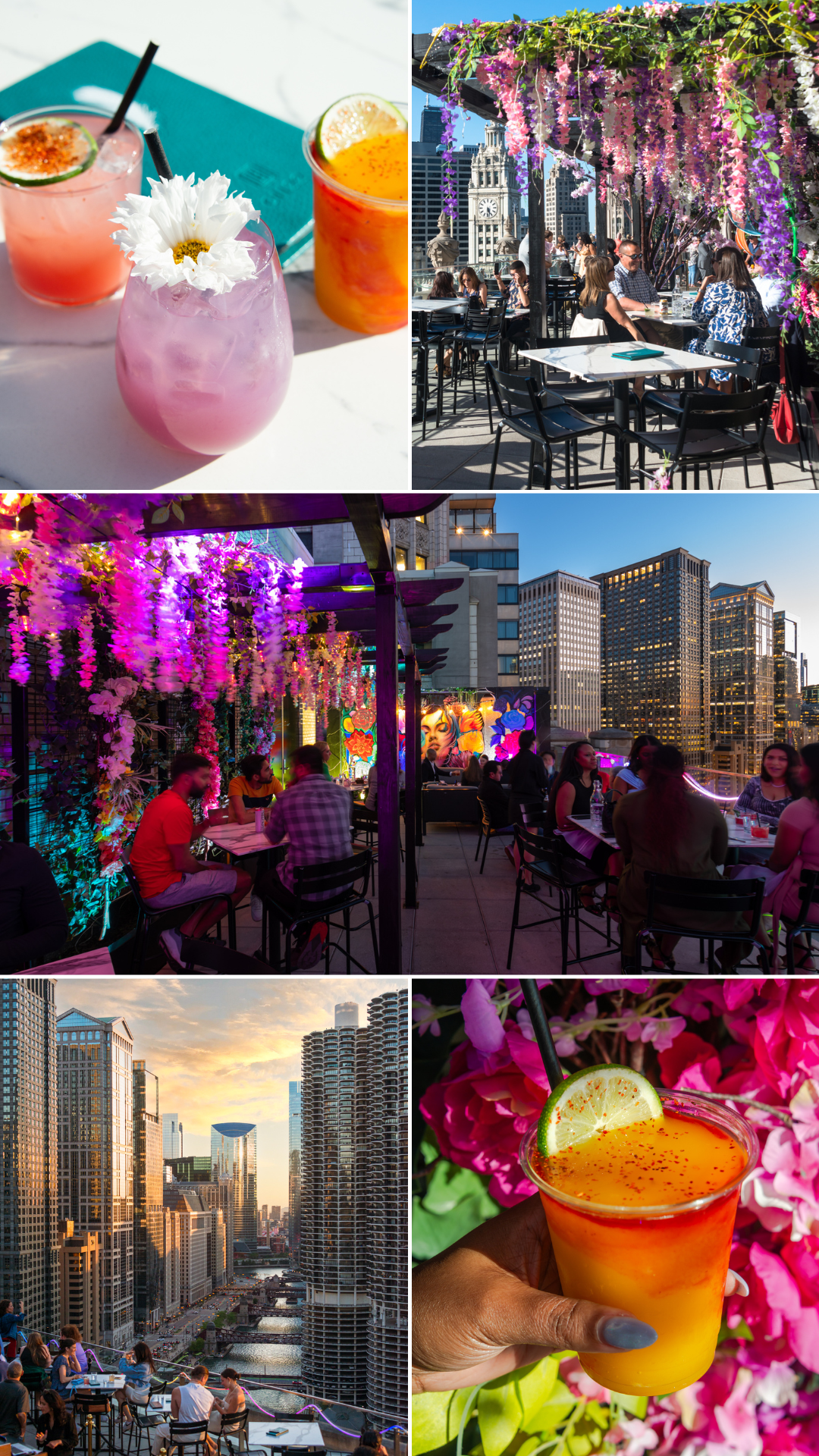 LH Rooftop illuminated with vibrant floral-themed LED lights with panoramic views of the Magnificent Mile and Chicago River